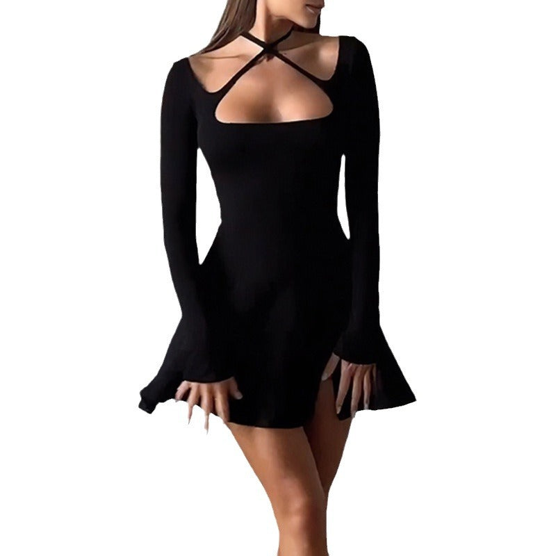 Square Collar Long Sleeve A Line Short Black Dress