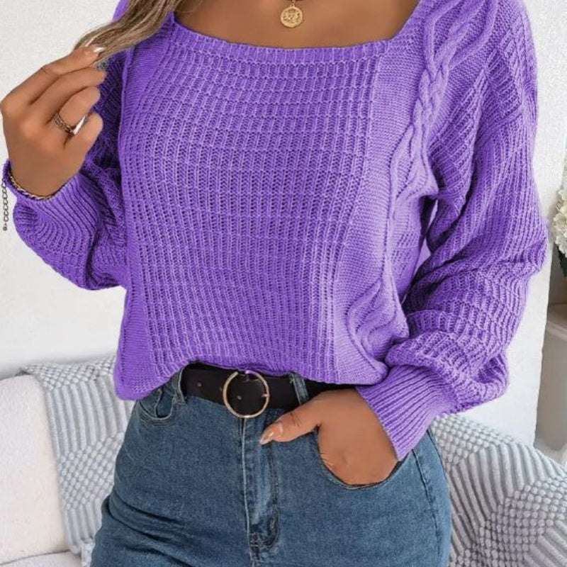 Square Collar Cable-knit Sweater