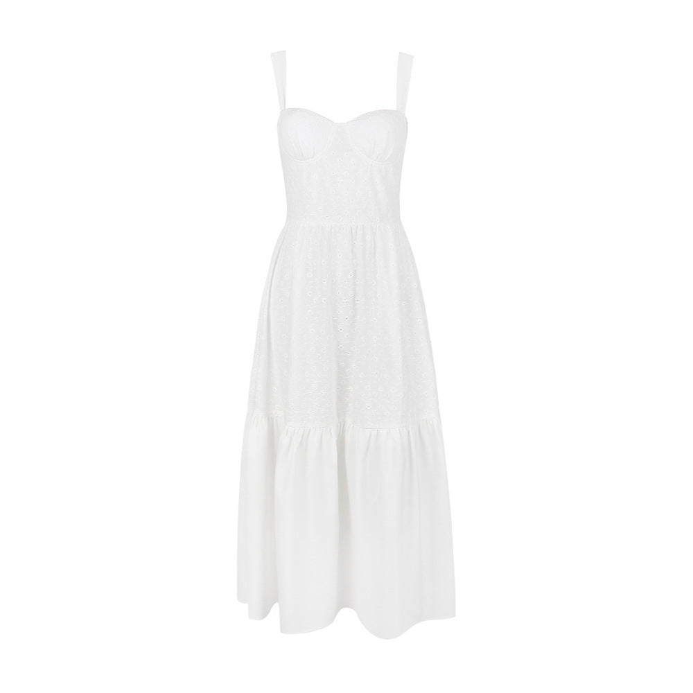 Cotton Linen Jacquard Mid-length White Dress