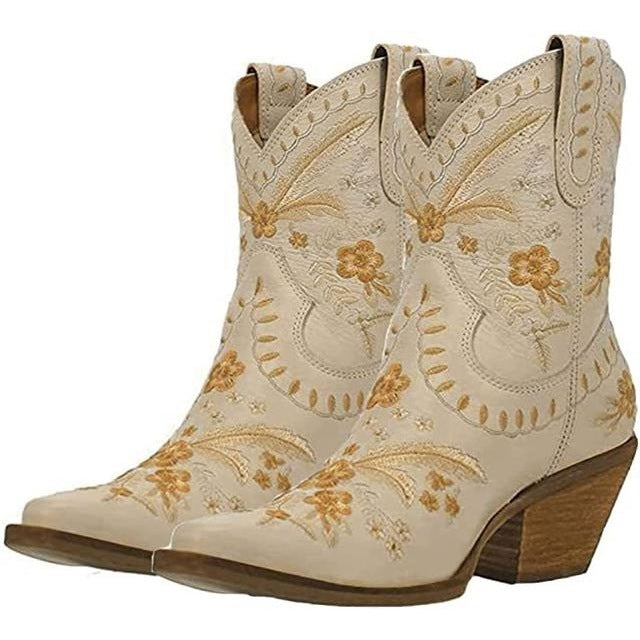 Chunky High Heel Embroidered Boots