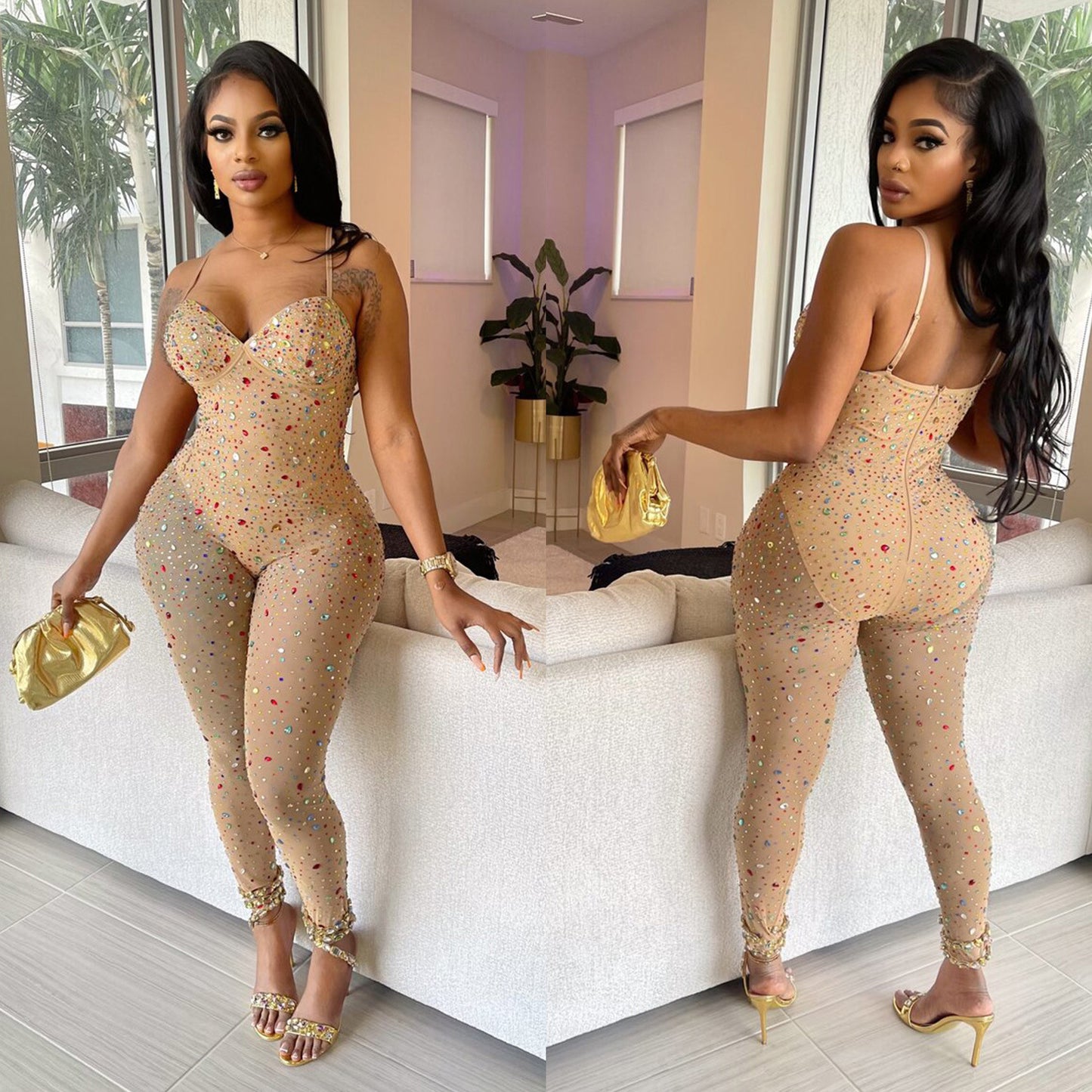 Pure Color Mesh Rhinestone Jumpsuit