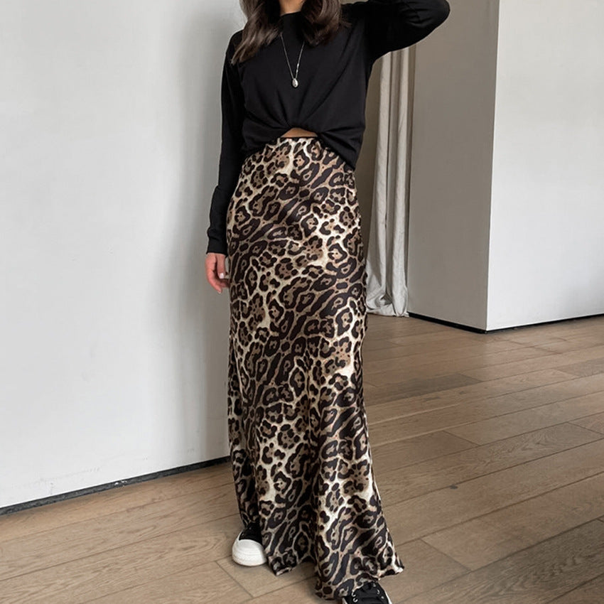 French Leopard Print Versatile High Waisted Skirt