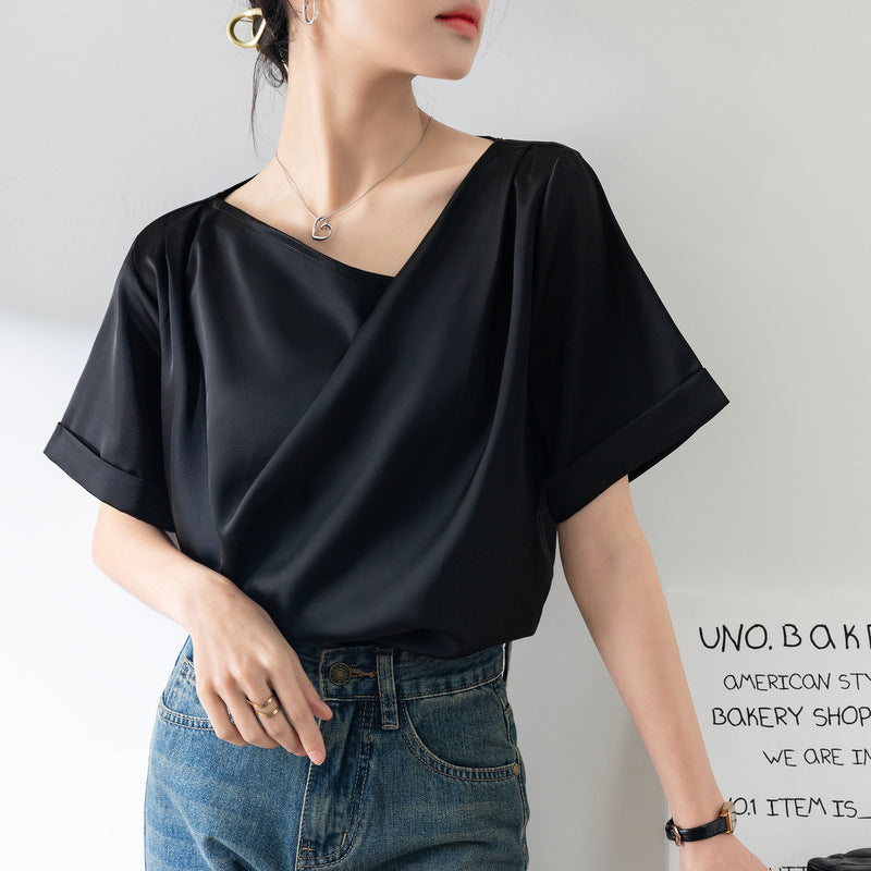 V-neck Short-sleeved Drape Chiffon Shirt