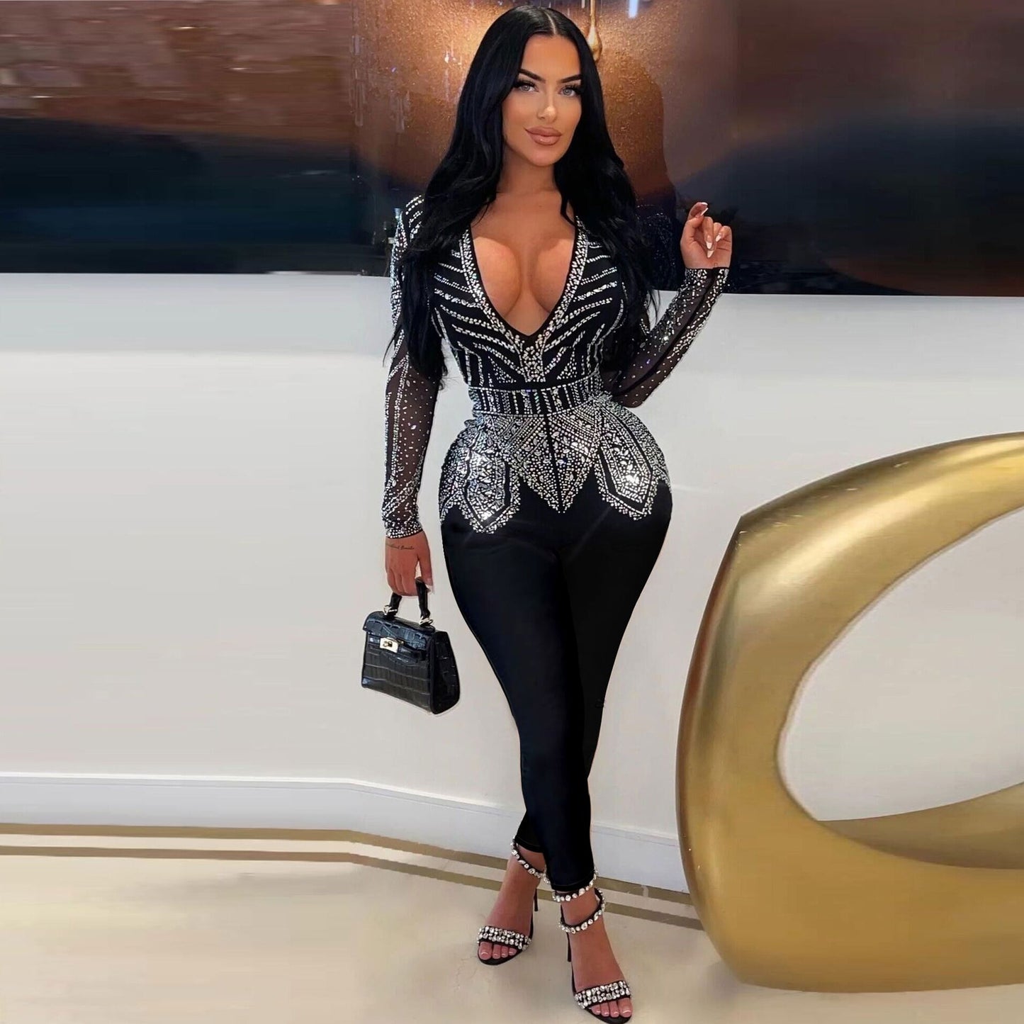 Rhinestone V-neck Jumpsuit