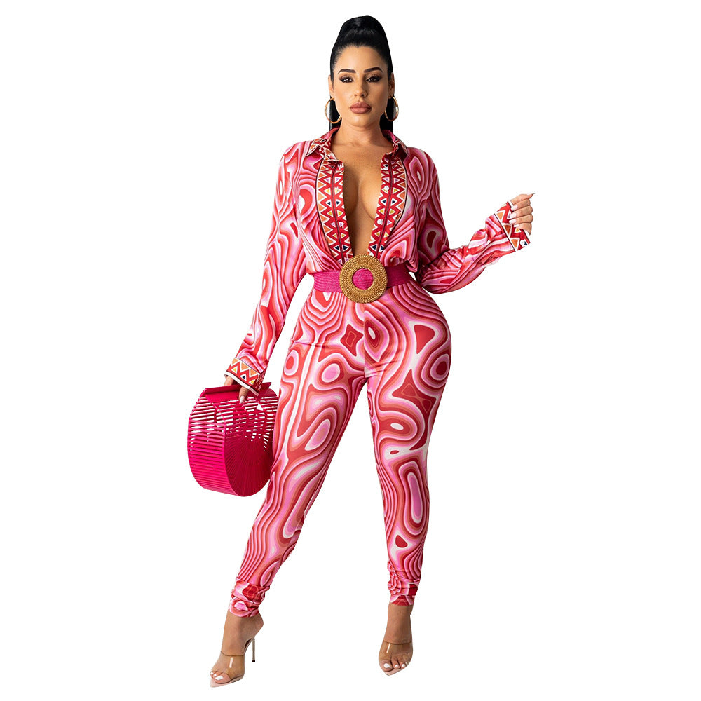 Printed Long Sleeve Tight Casual Suit