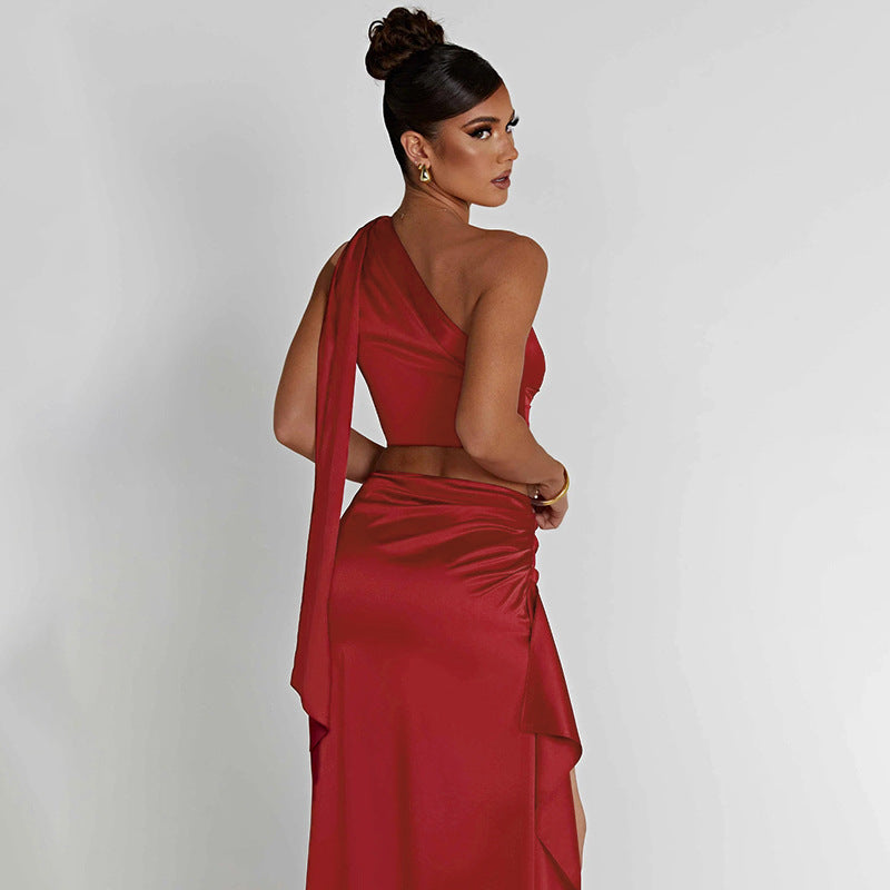 One-shoulder Satin Short Top High Waist Split Maxi Two Piece