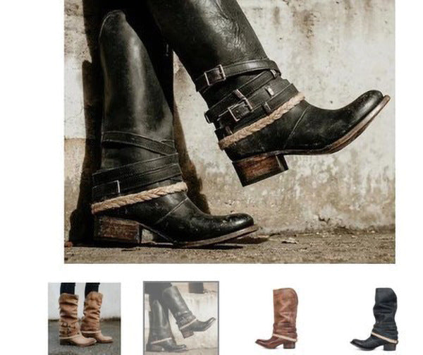 Belt Buckle Thick Heel Middle Boots