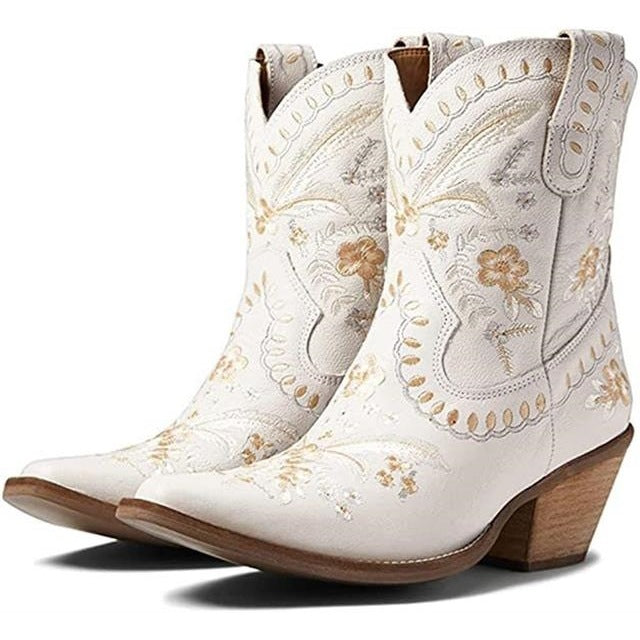 Chunky High Heel Embroidered Boots