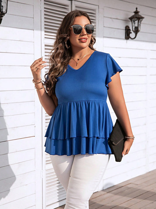 V-Neck Flutter Sleeve Plus Blouse