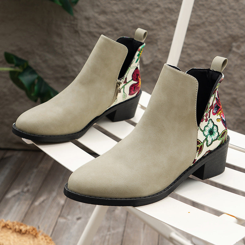 Flowers Printed Ankle Boots Side Zipper V-cut