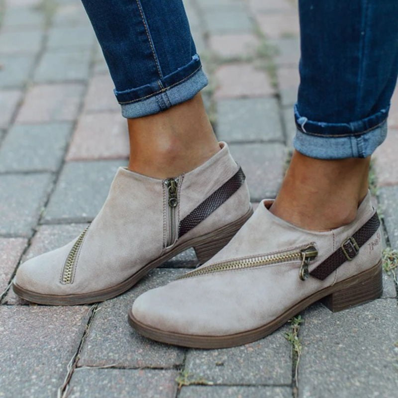 Ankle Boots With Side Zipper Belt Buckle