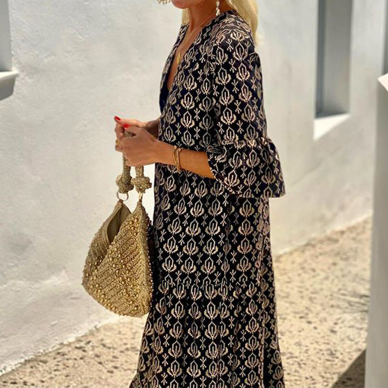 Patterned V-neck Mid-length Dress