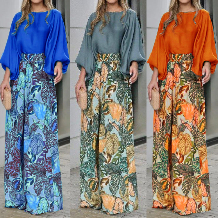 Lantern Sleeve Printed Top Wide Leg Pants Two-piece Set