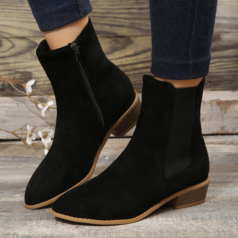 Women's Shoes Mid-calf Suede Pointed-toe Side Zip Chunky Heel Ankle Boots