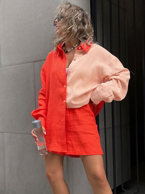 Contrast Color Long Sleeve Shirt Shorts Suit