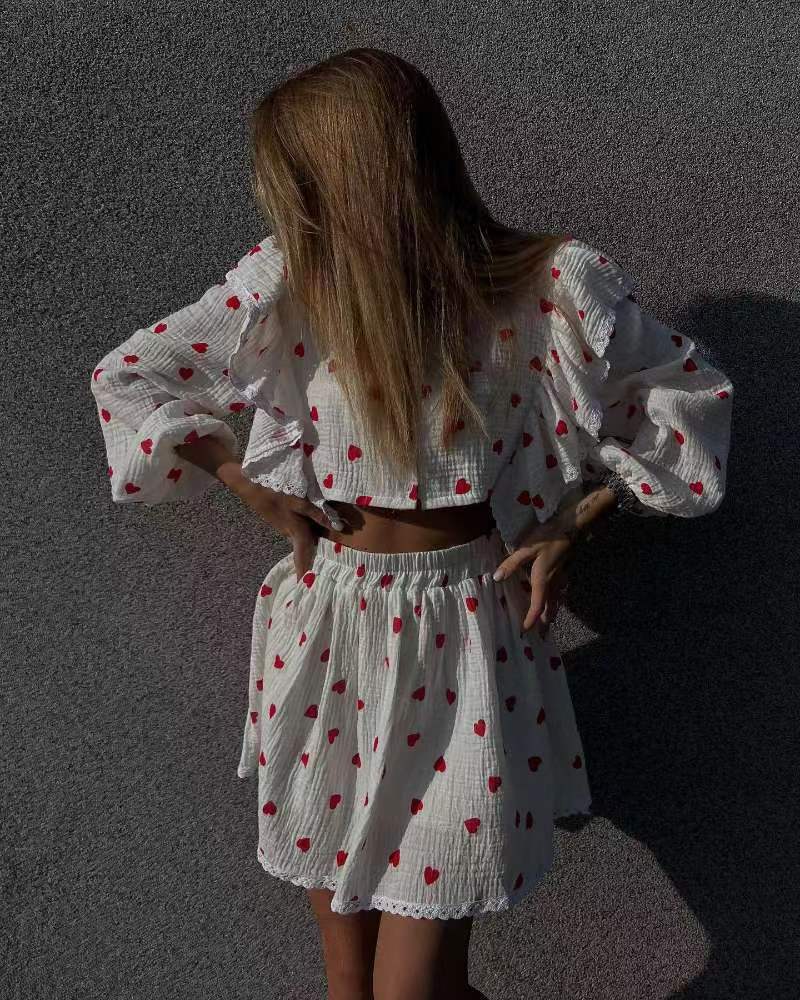 Cotton-style Ruffled Strawberry Printed Short Skirt Suit