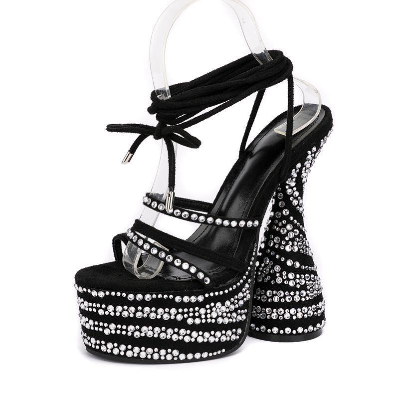 Women's Round Head Rhinestone Thick Ultra-high Heel Sandals