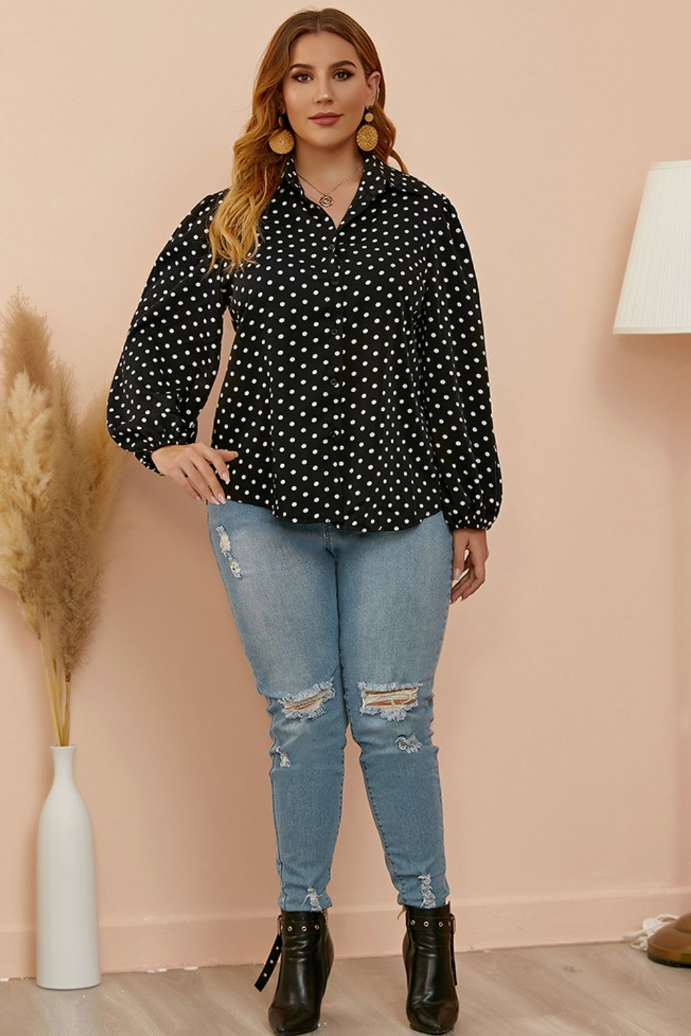 Polka Dot Long Sleeve Plus Shirt