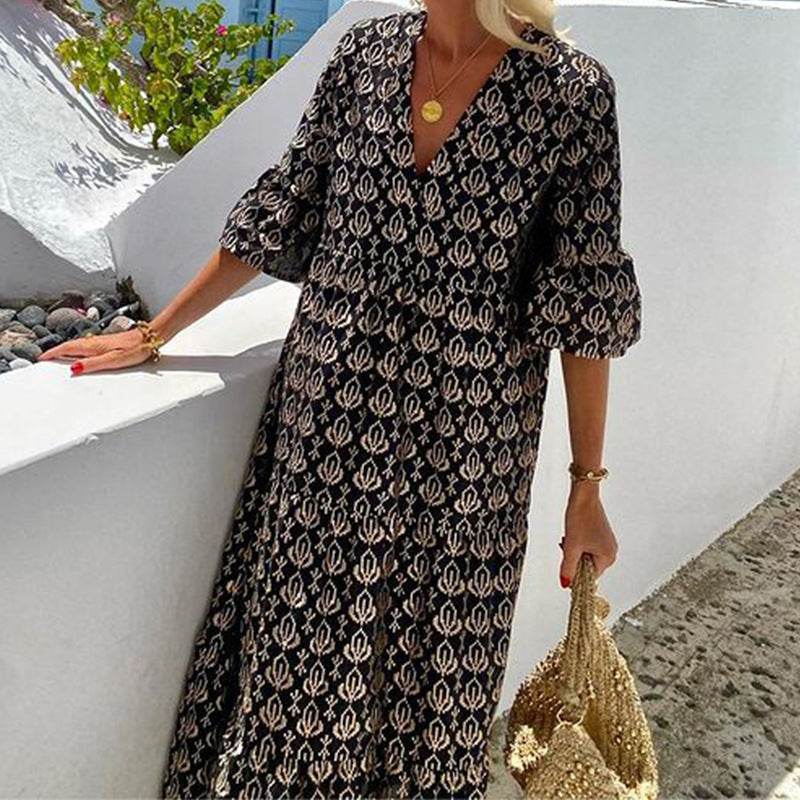 Patterned V-neck Mid-length Dress