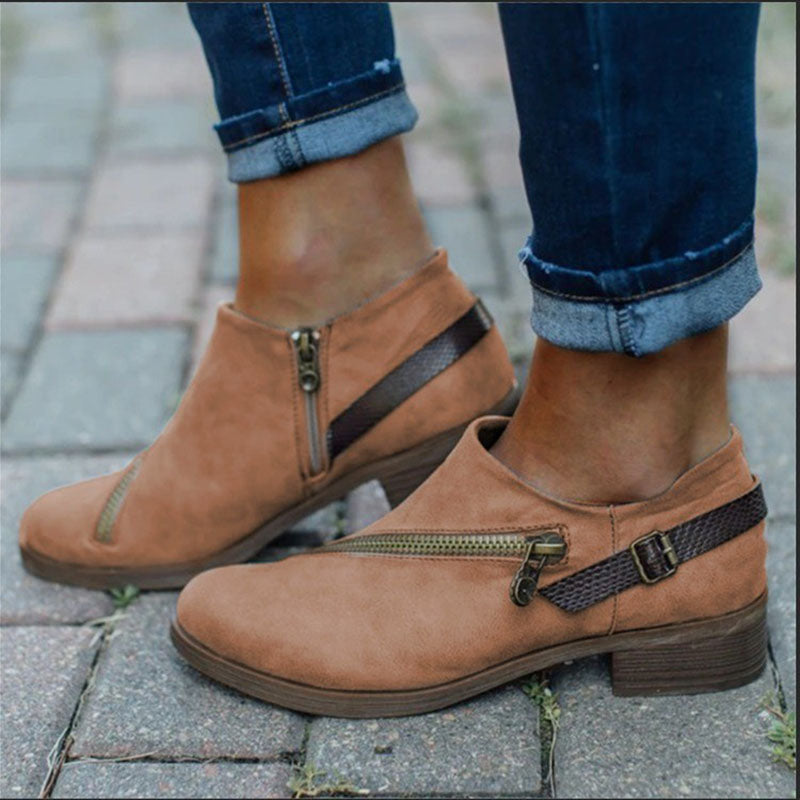 Ankle Boots With Side Zipper Belt Buckle