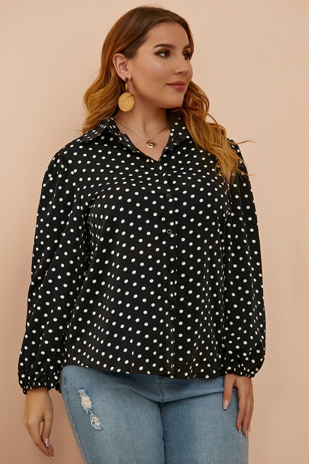 Polka Dot Long Sleeve Plus Shirt