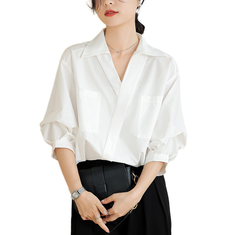 French Style Three-quarter Sleeve Loose Thin Lapel Shirt