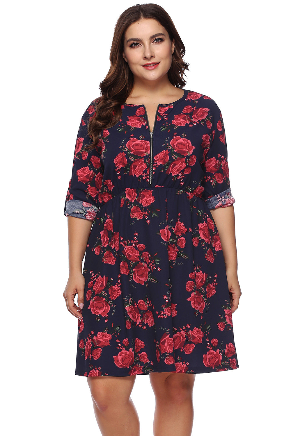 Floral Print Half Zip Up Plus Dress