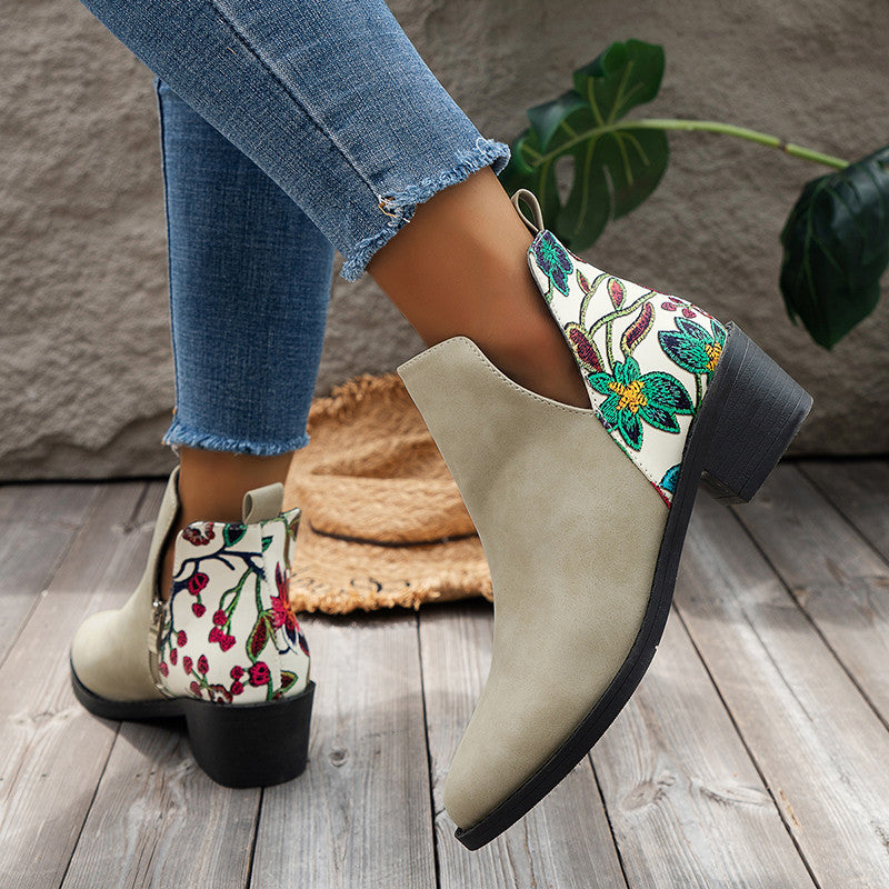 Flowers Printed Ankle Boots Side Zipper V-cut