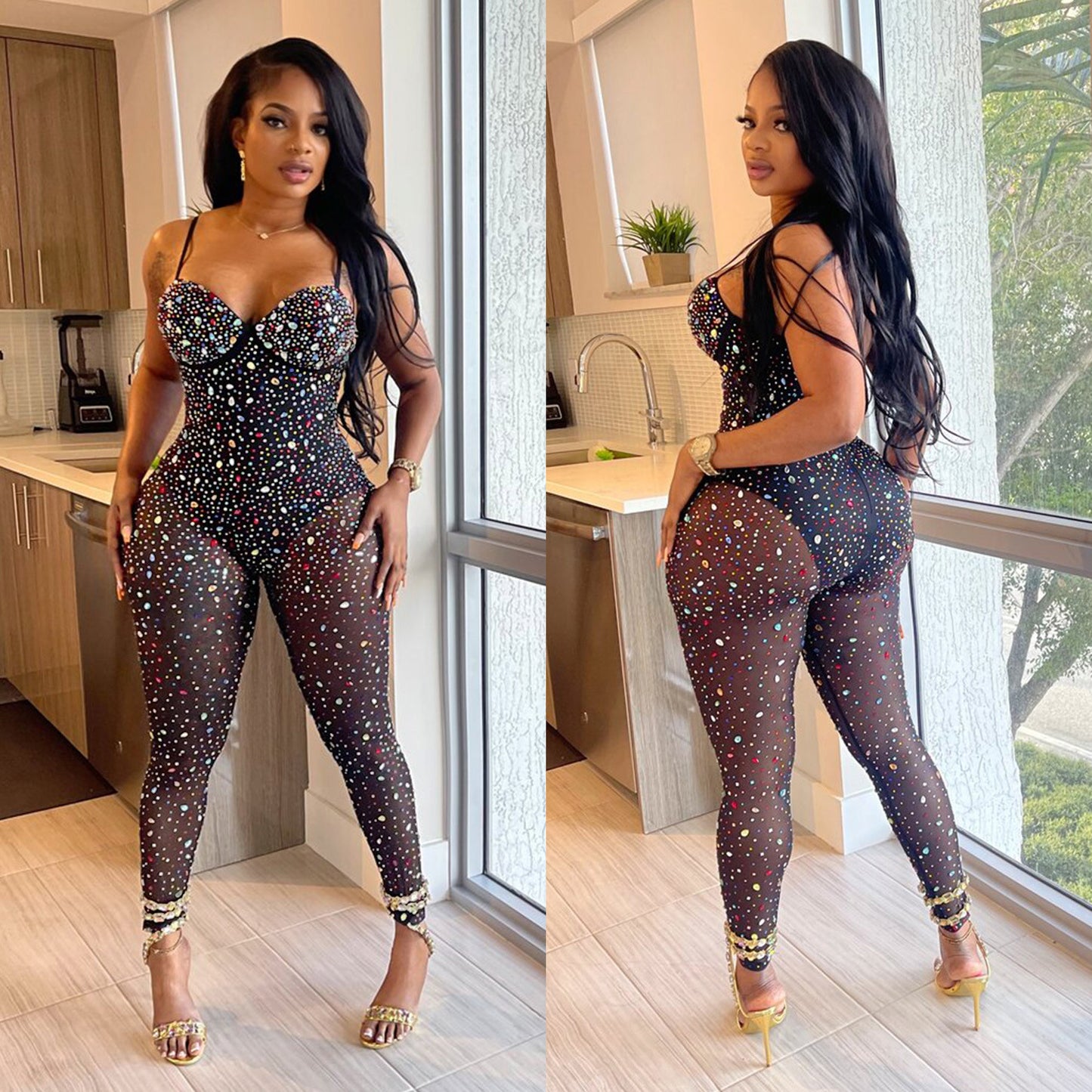 Pure Color Mesh Rhinestone Jumpsuit