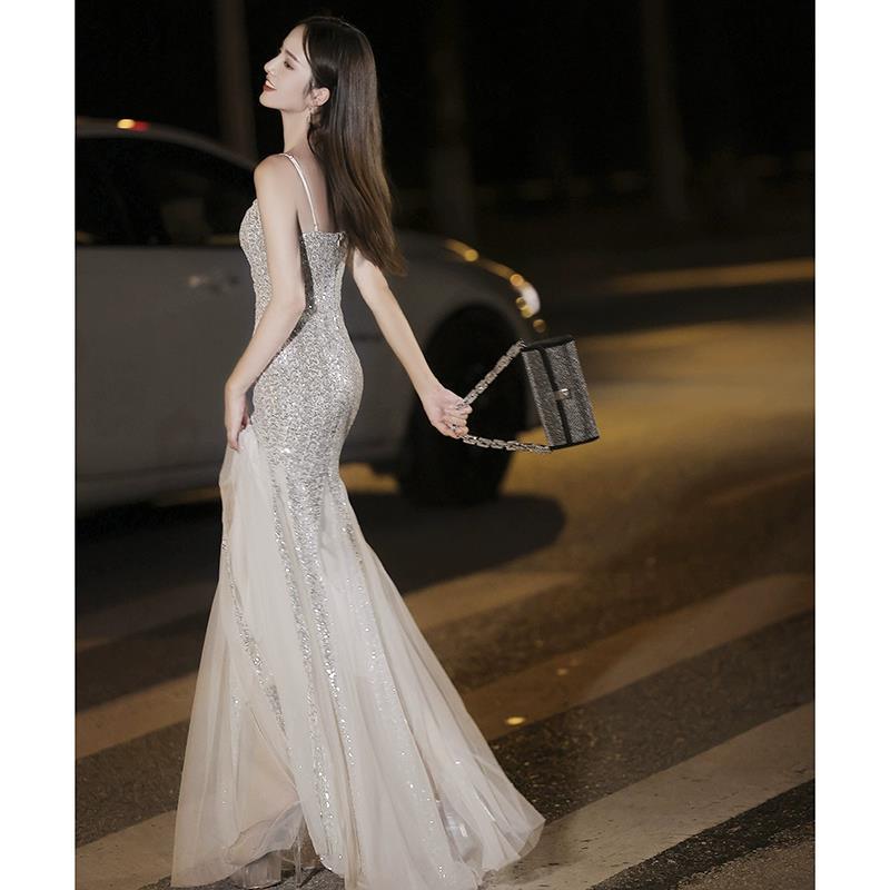 Silver Sequined Fishtail Evening Dress