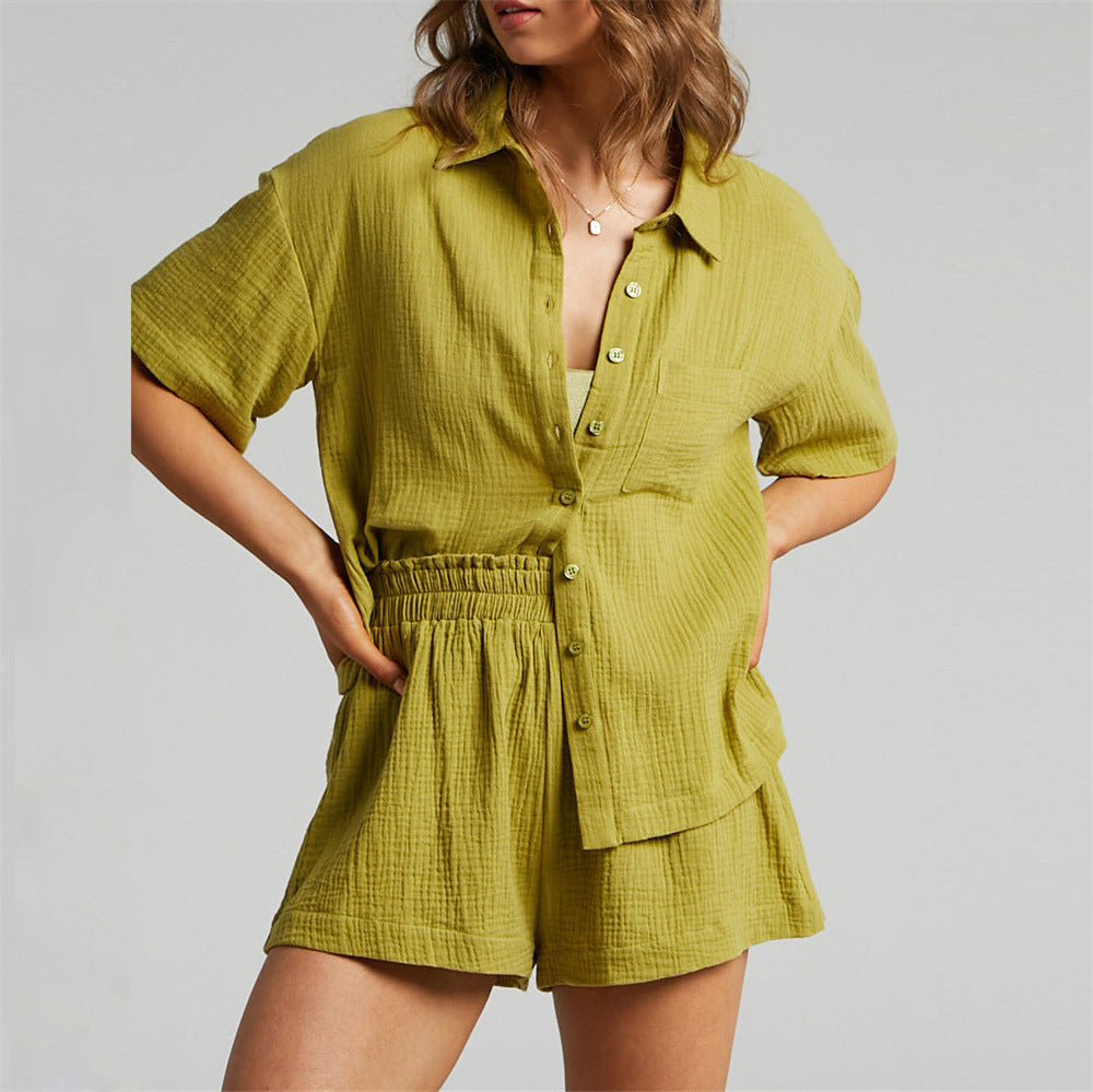 Loose Solid Color Shorts Shirt Two-piece Suit