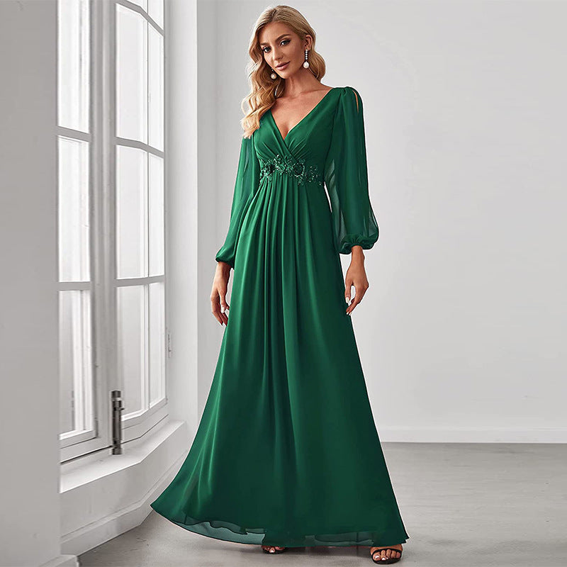 Pure Color V-neck Evening Dress