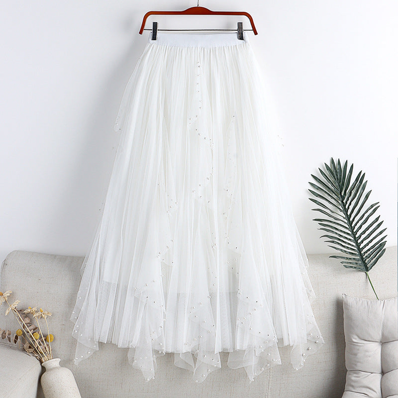 Mesh Beaded + Rhinestone Long A- Line Skirt