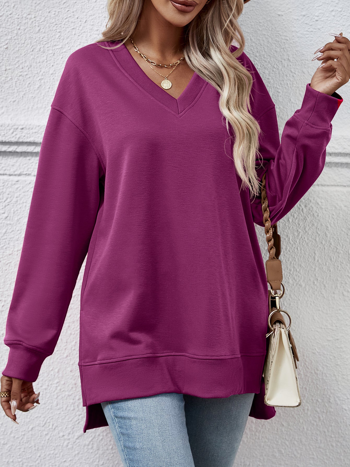 Solid Color And V-neck Sweater