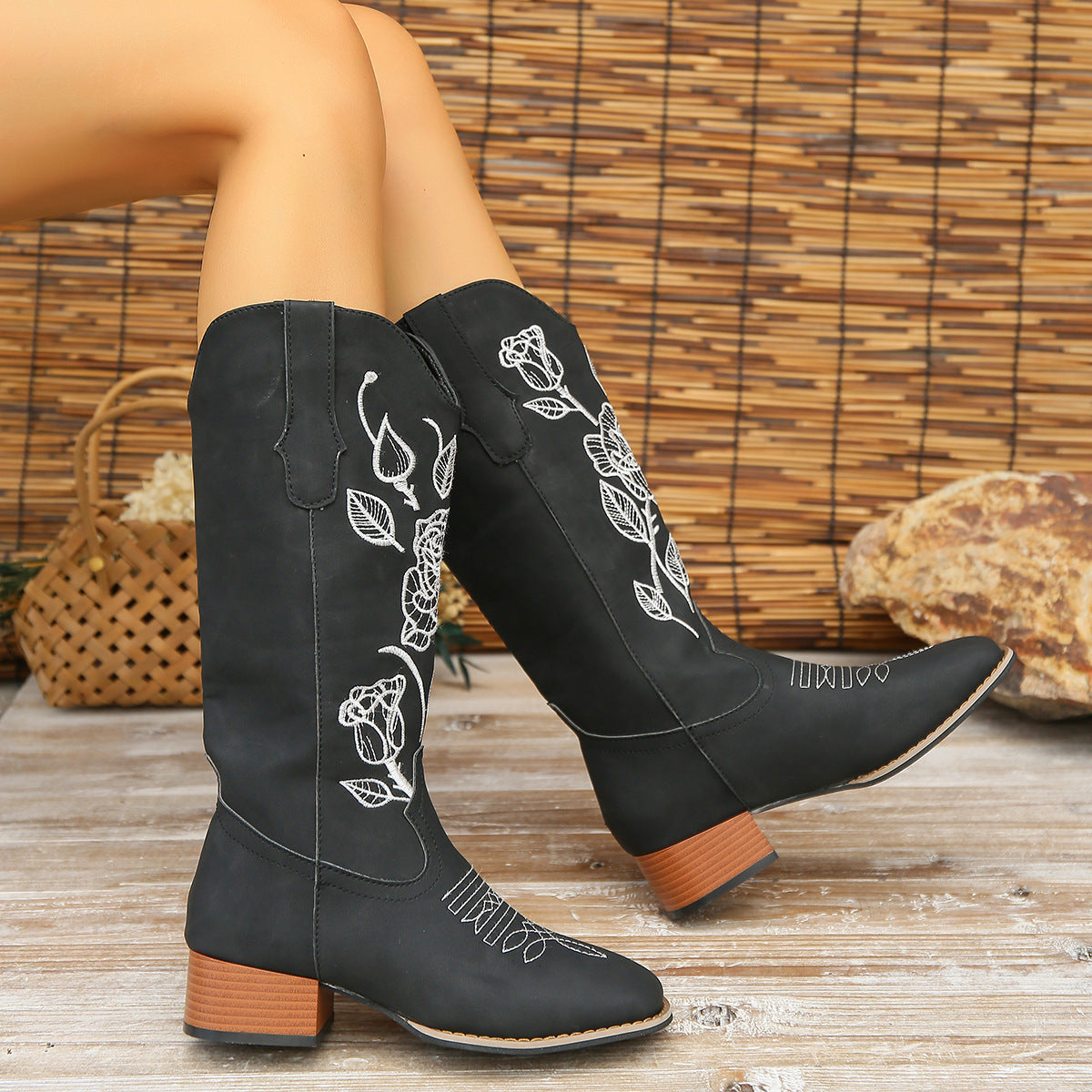 Mid Calf Square Toe Cowboy Boots