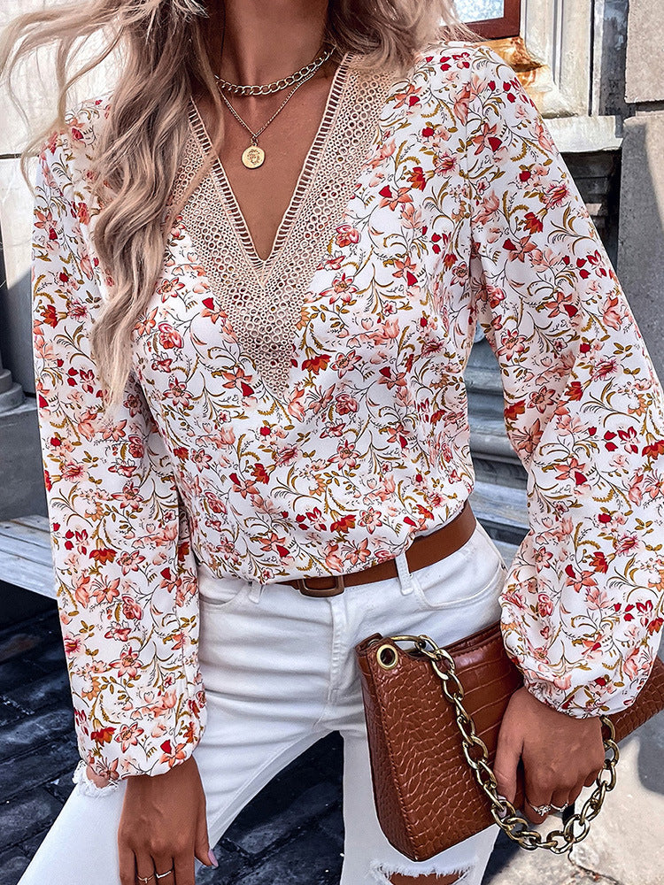 V-neck Chiffon Floral Printed Long-sleeved Top