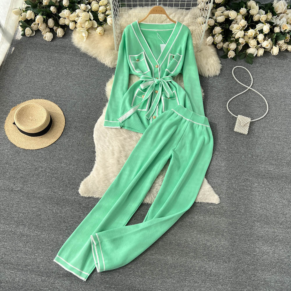 Women's Long Sleeve V-neck Lace-up Knitwear Draping Wide Leg Trousers Two-piece Set