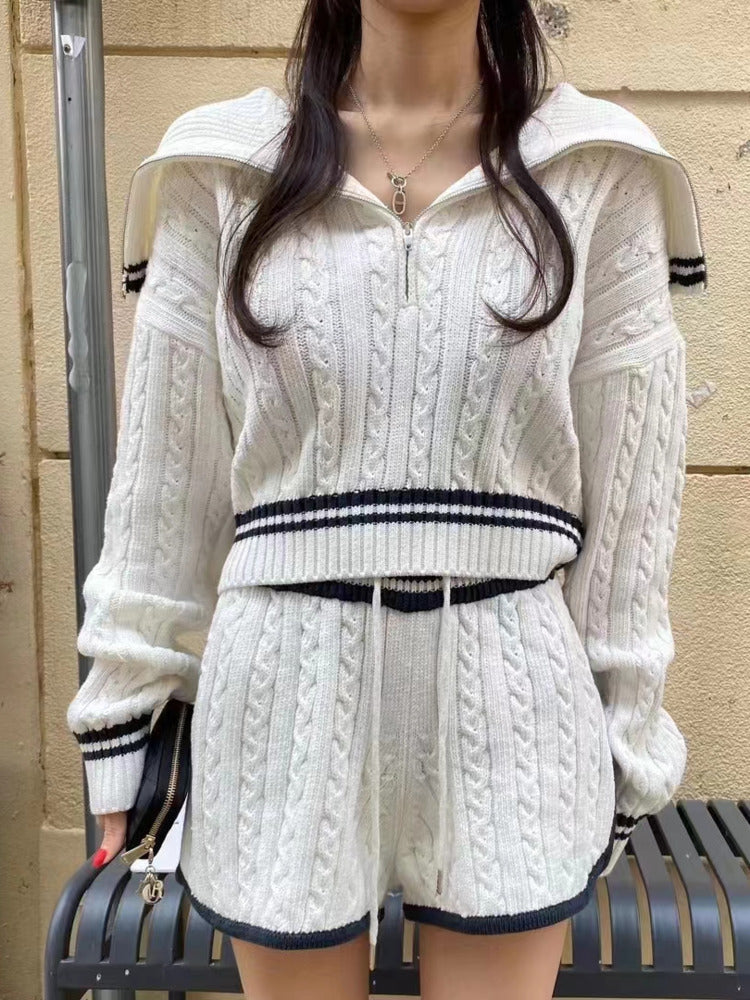 Cable-knit Sweater Shorts Suit