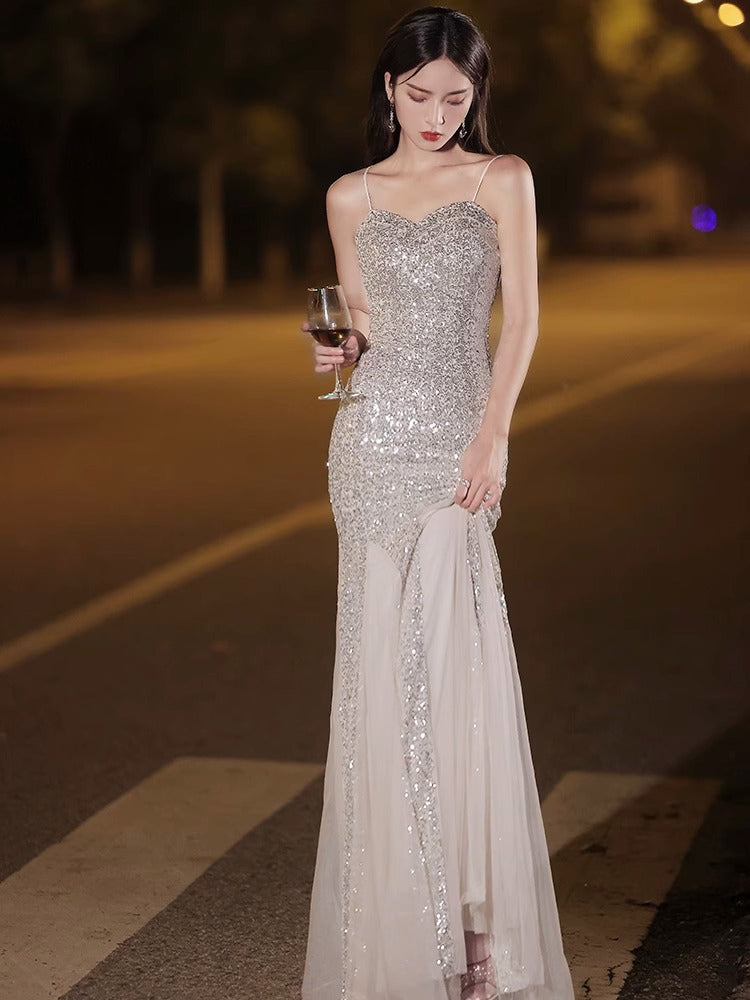 Silver Sequined Fishtail Evening Dress