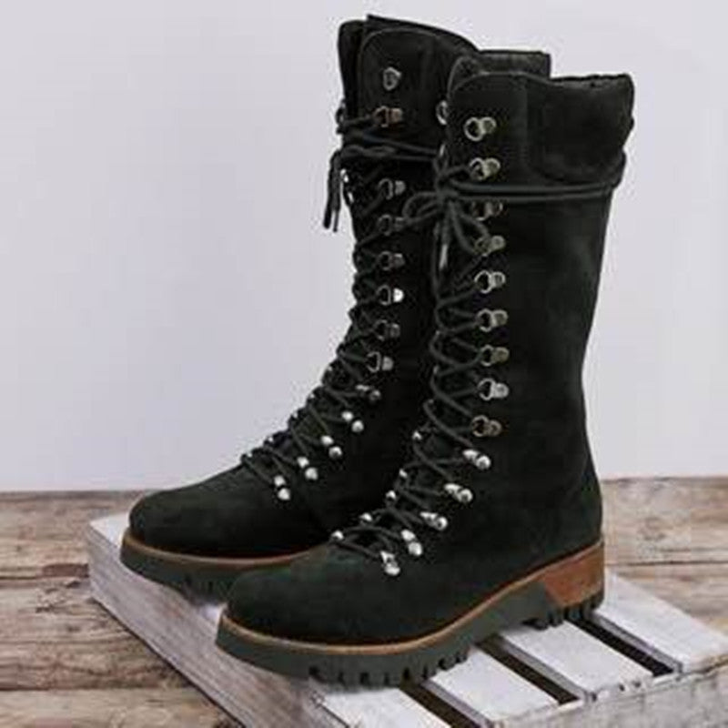 Lace Up Mid Sleeve Leather Boots