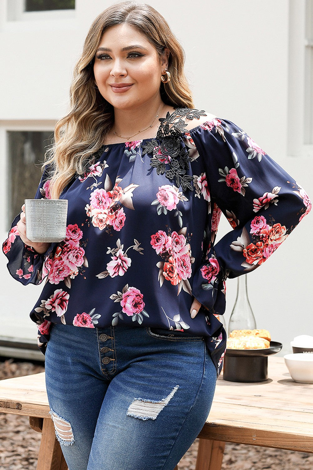 Floral Flounce Sleeve Plus Blouse