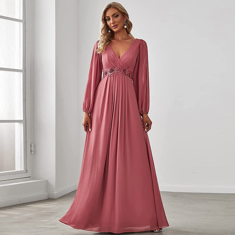 Pure Color V-neck Evening Dress