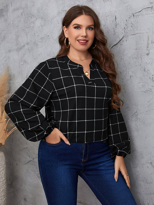 Notched Long Sleeve Plus Blouse