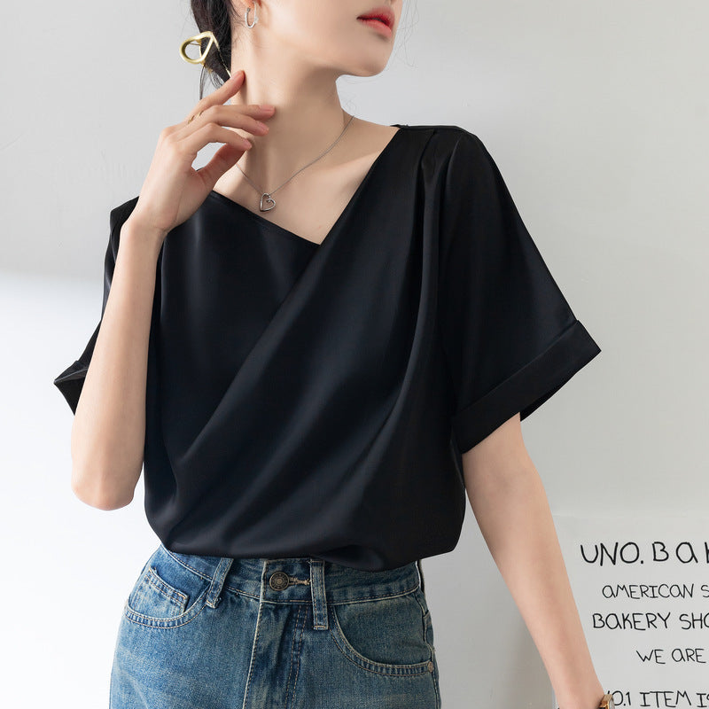 V-neck Short-sleeved Drape Chiffon Shirt