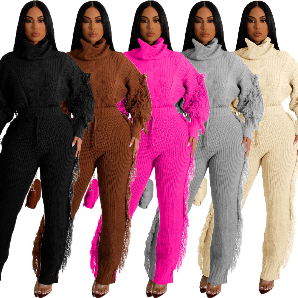 Knitted Long Sleeve Turtleneck Tassel Suit