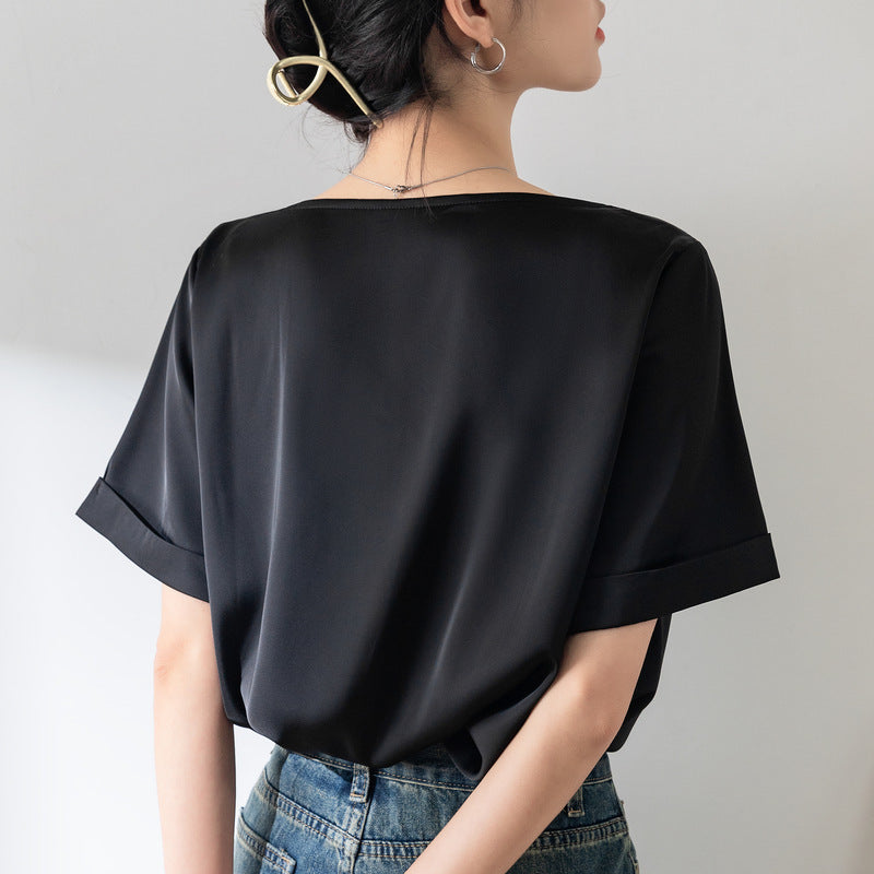 V-neck Short-sleeved Drape Chiffon Shirt