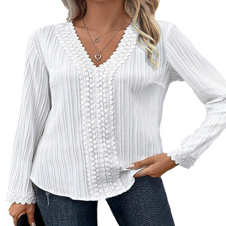 V-neck Lace Stitching Long-sleeved Shirt