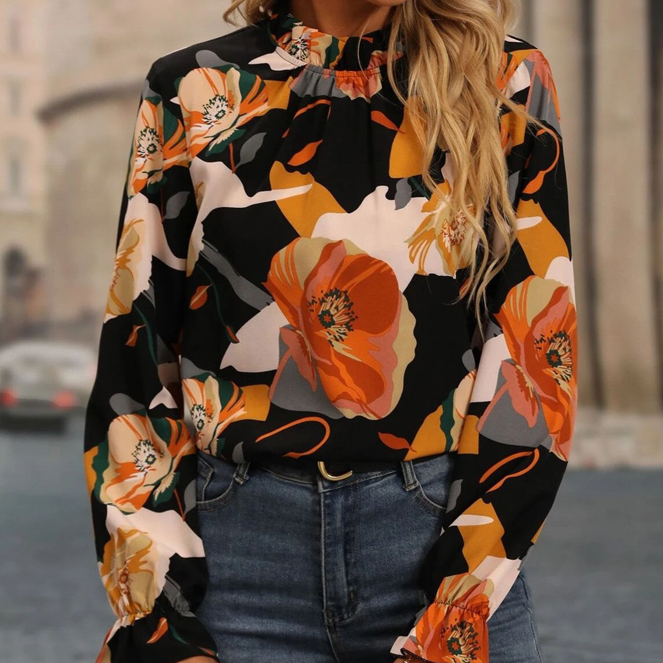 Ruffled Collar Printed Long Sleeve Shirt