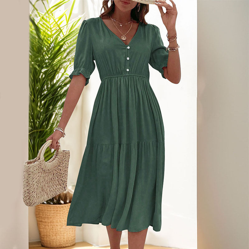 Button Solid Color Dress