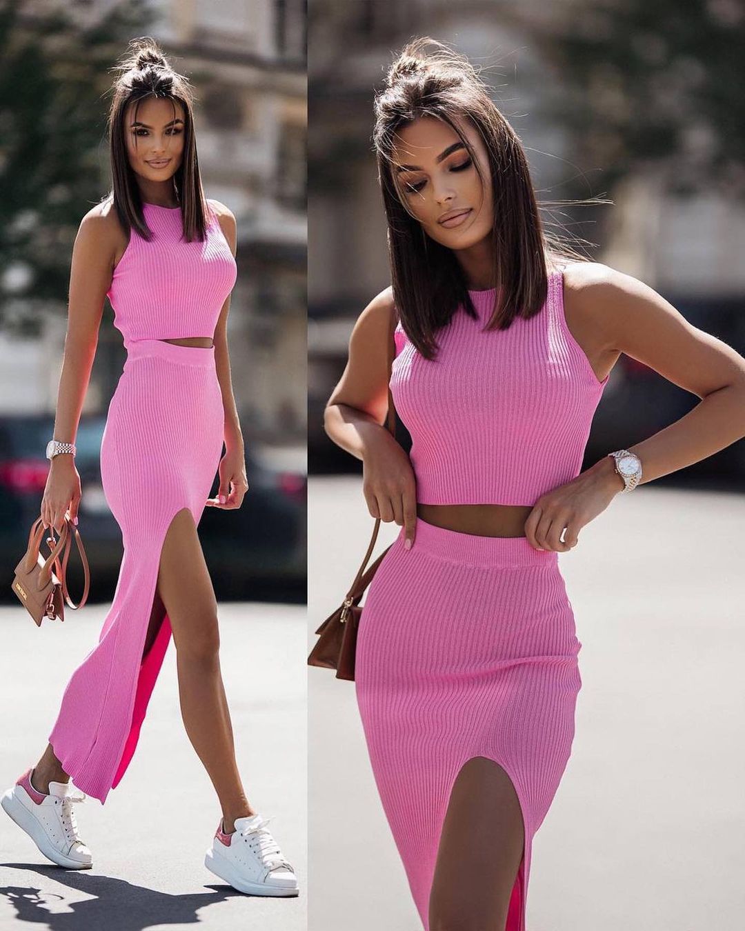 Solid Color Round Neck Top + Skirt